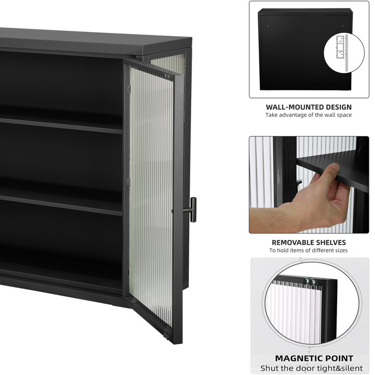 Latitude Run® Metal Wall With Double Glass Door and Detachable Shelves, Mint Green